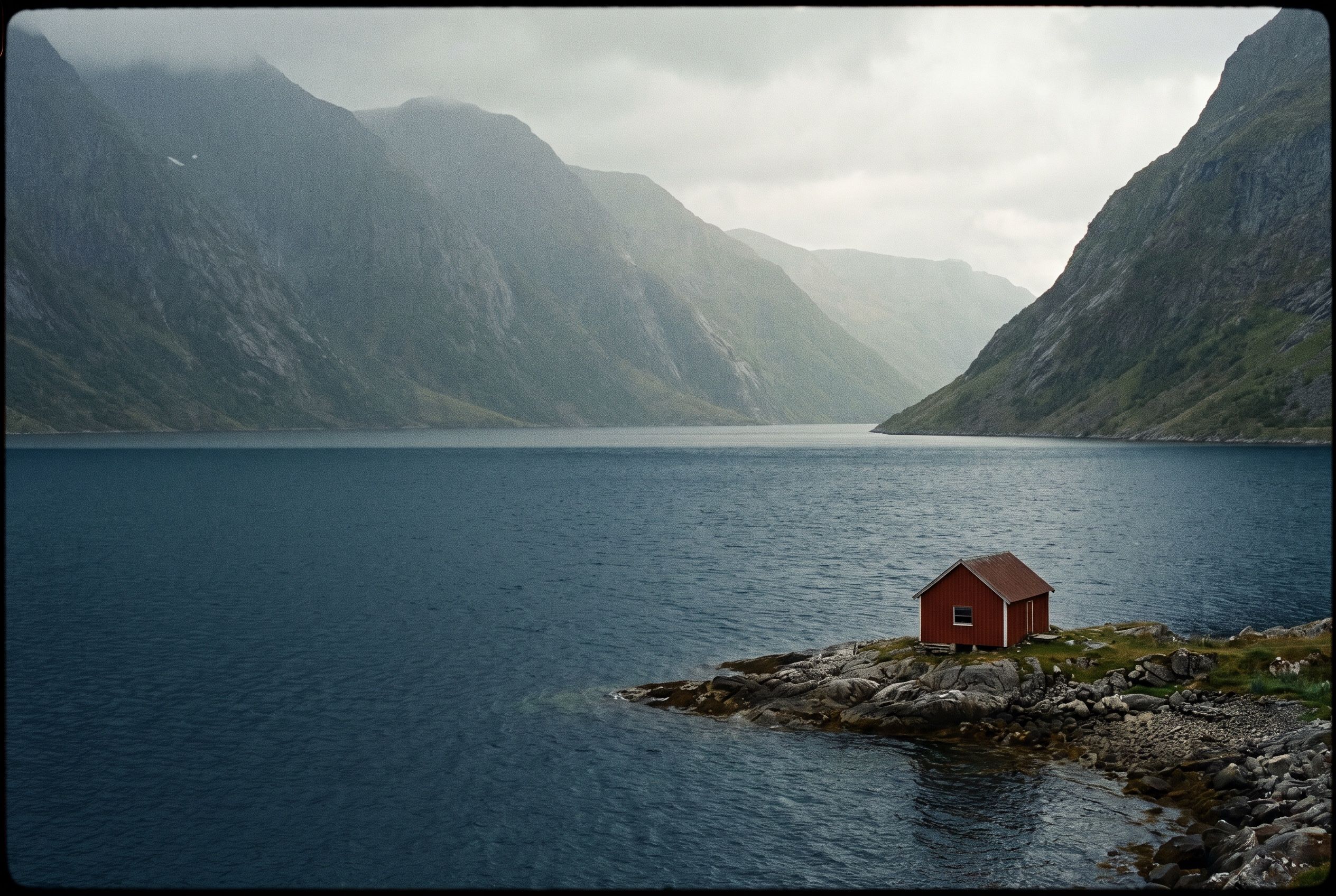 A minimalist fjord landscape with a single small red cabin on the shore under flat overcast light