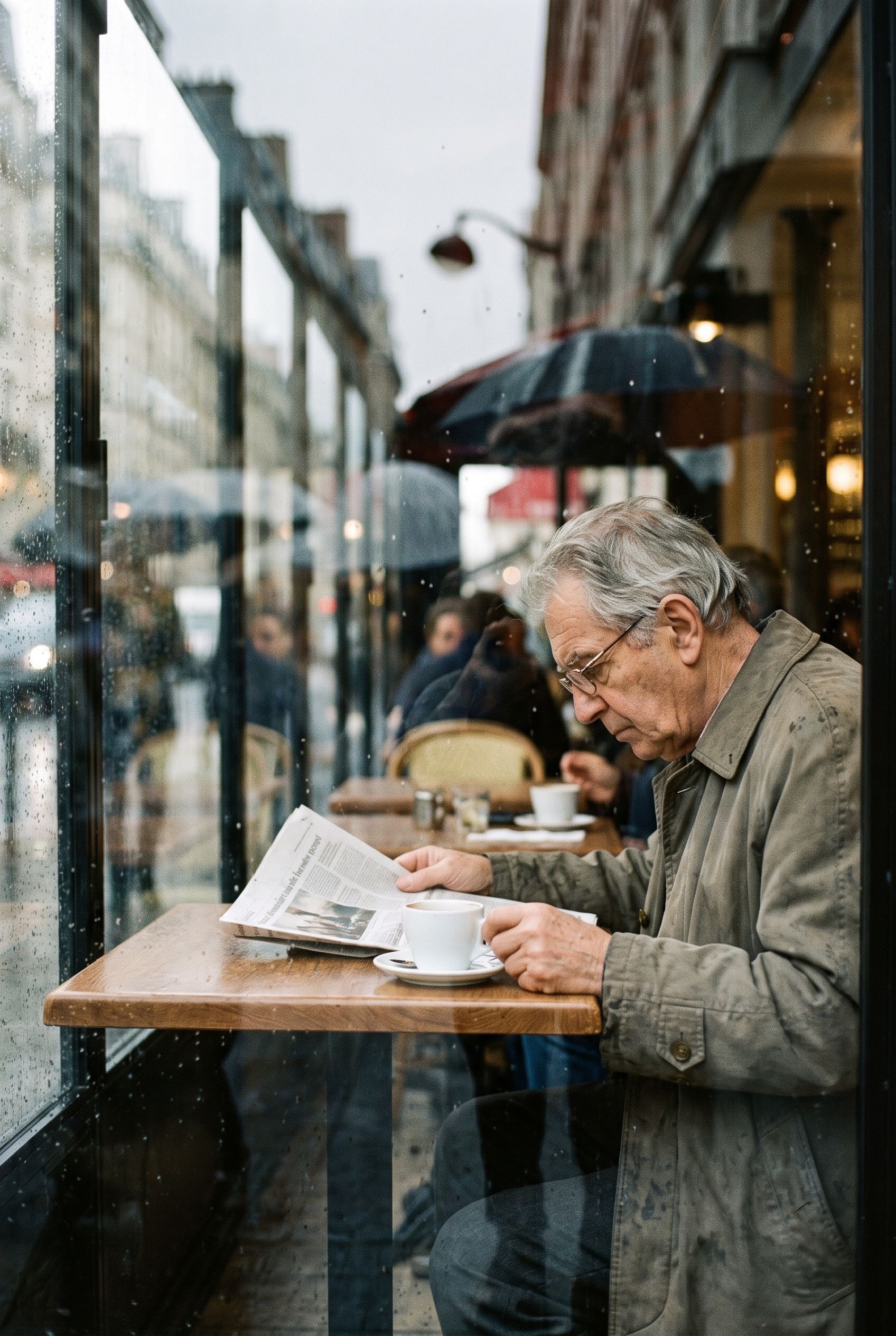 An elderly man reading a newspaper at a café table, seen through a rain-streaked window