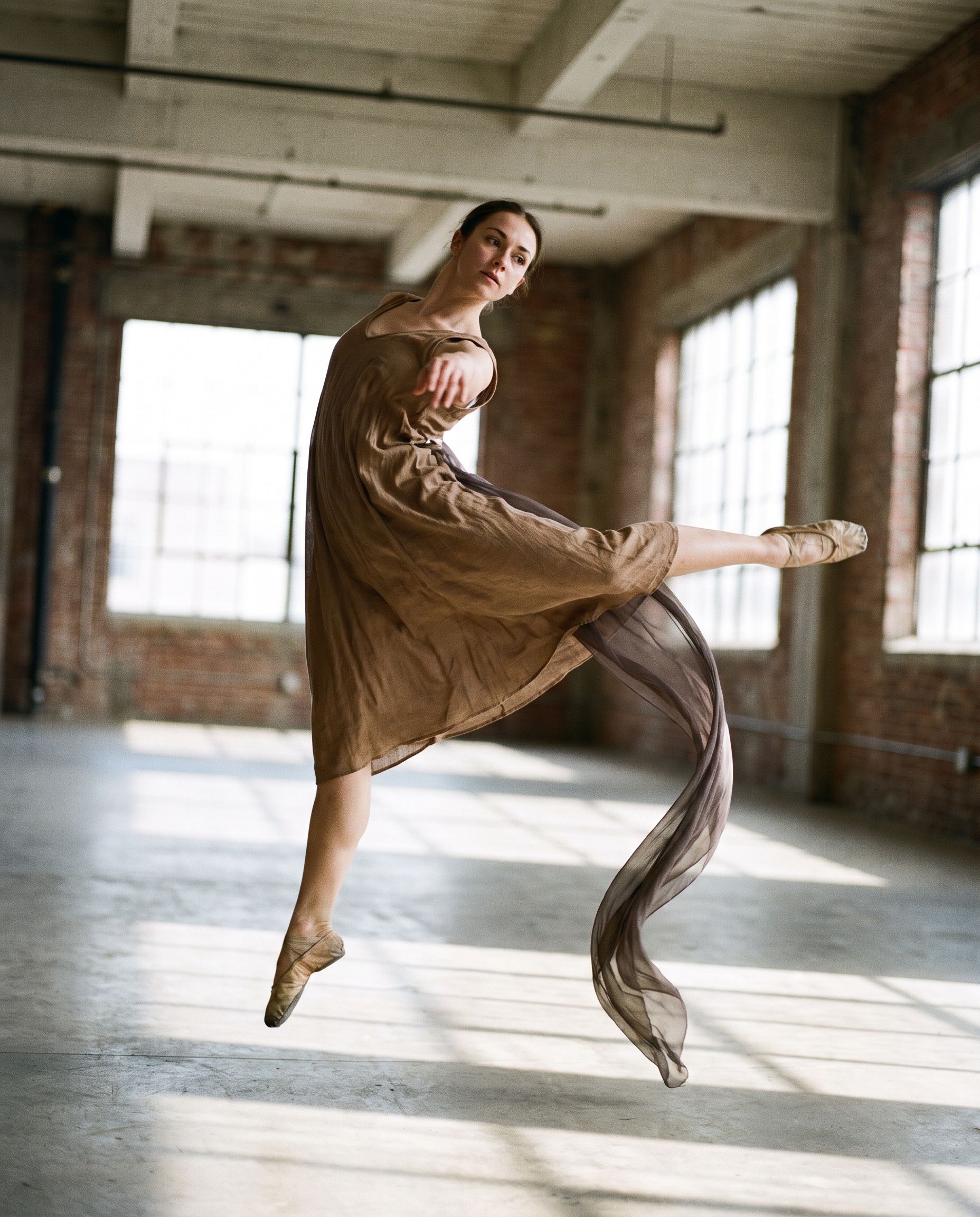 A dancer caught mid-movement in an empty concrete warehouse, hard light falling through a high window
