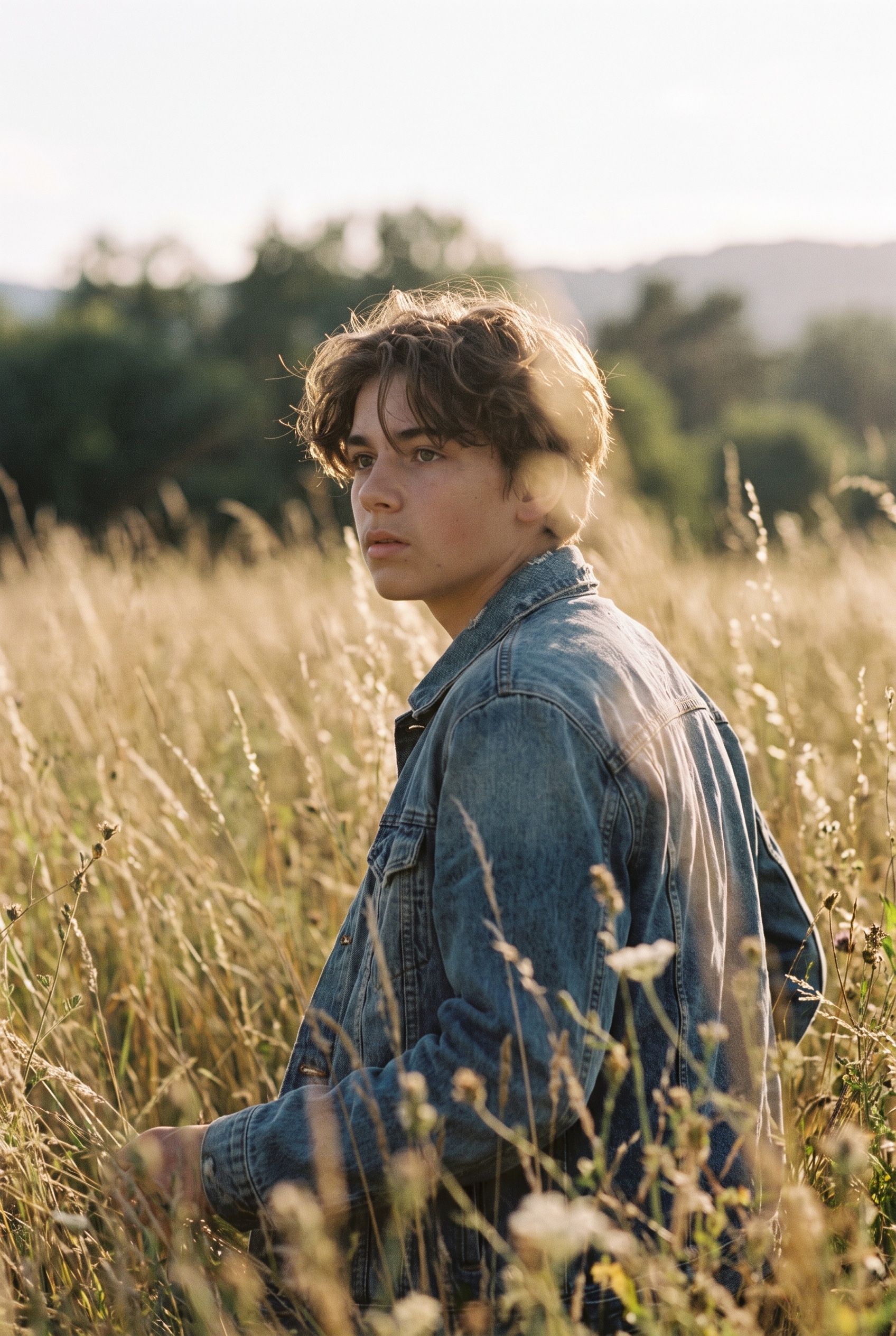 A teenager backlit by low golden sun in tall summer grass