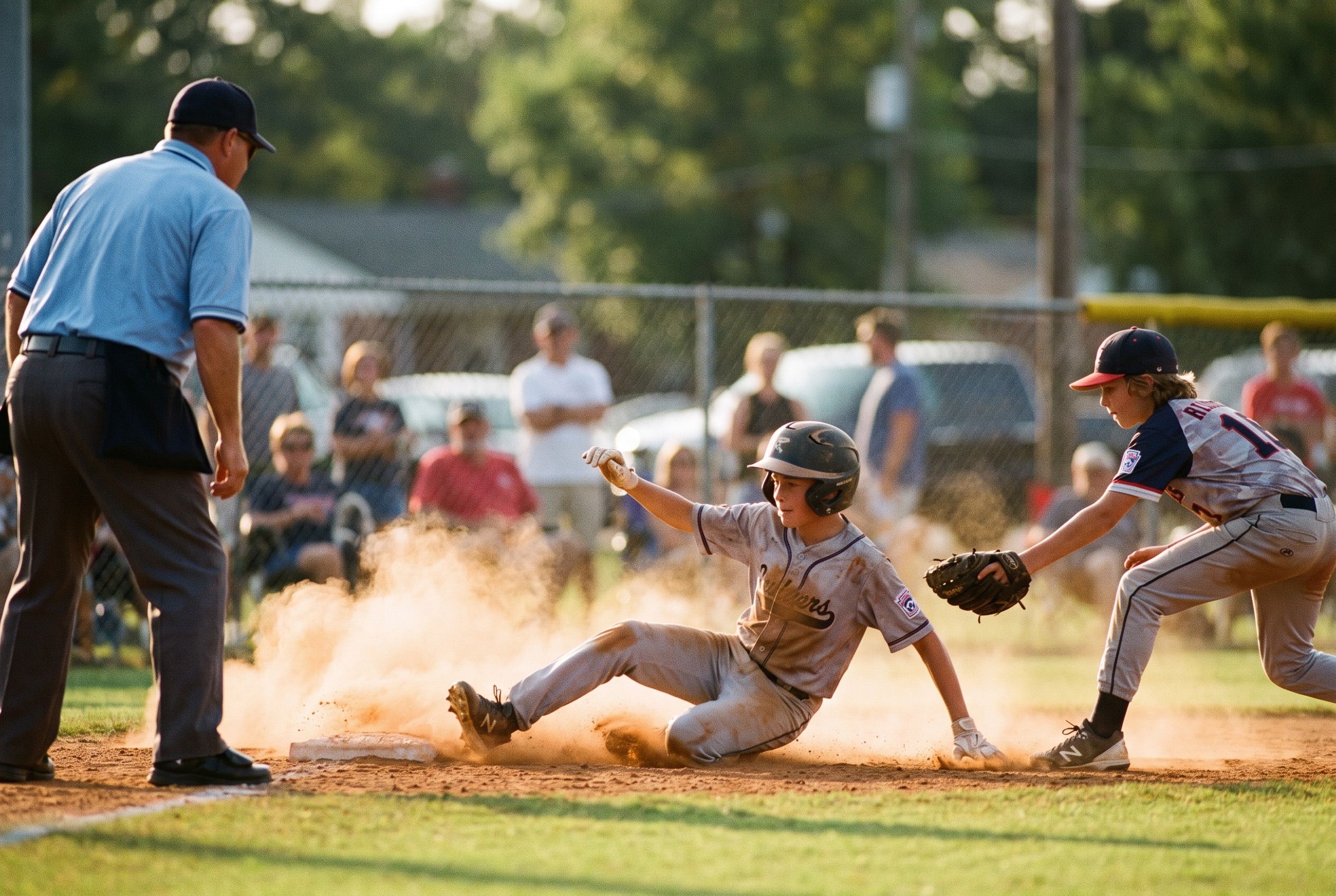 A young baseball player sliding into base in a cloud of dust, backlit by low golden sunlight