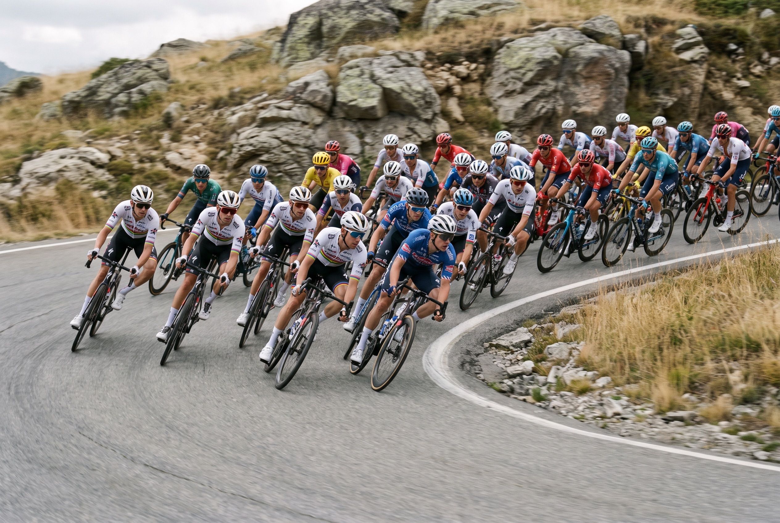 A cycling peloton climbing a mountain switchback in morning light, wheels blurred with motion