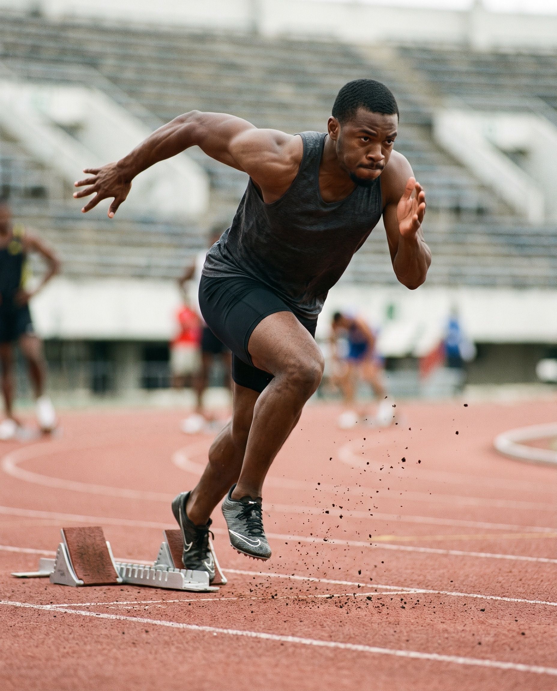 A sprinter driving out of the starting blocks on a red track, body low and fully extended