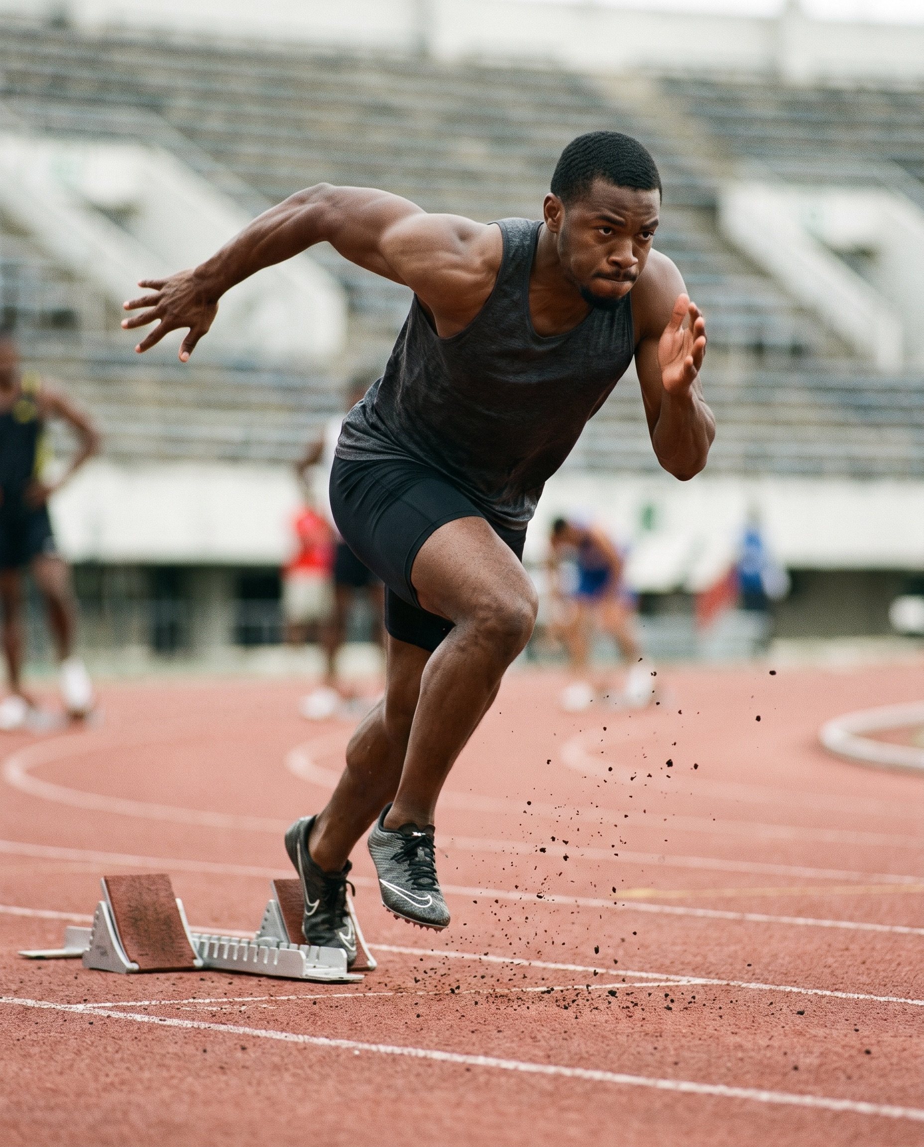 A sprinter driving out of the starting blocks on a red track, body low and fully extended