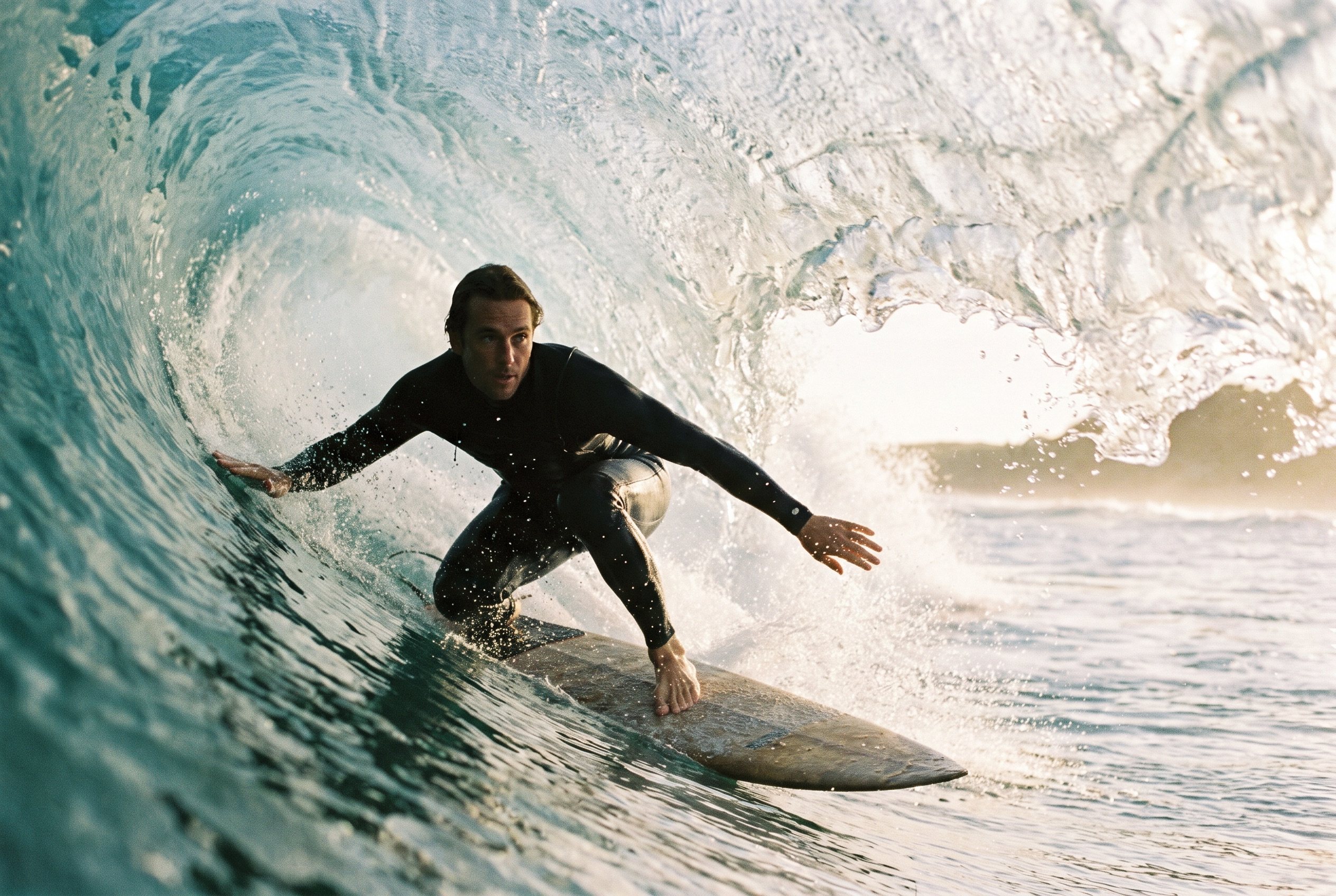 A surfer riding inside the barrel of a breaking wave, backlit turquoise water curling overhead