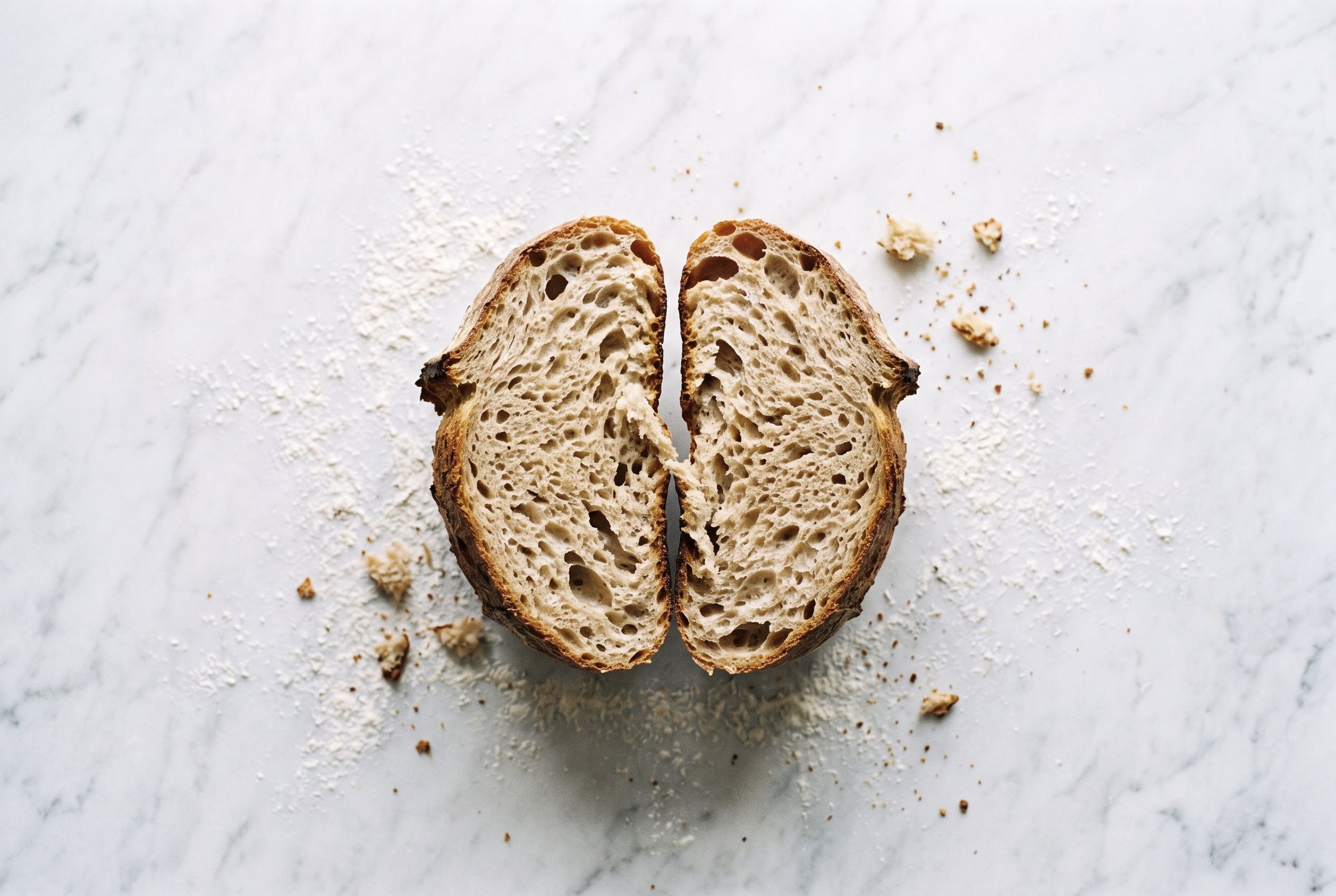 Overhead view of a rustic loaf of bread torn open with flour scattered across a marble surface