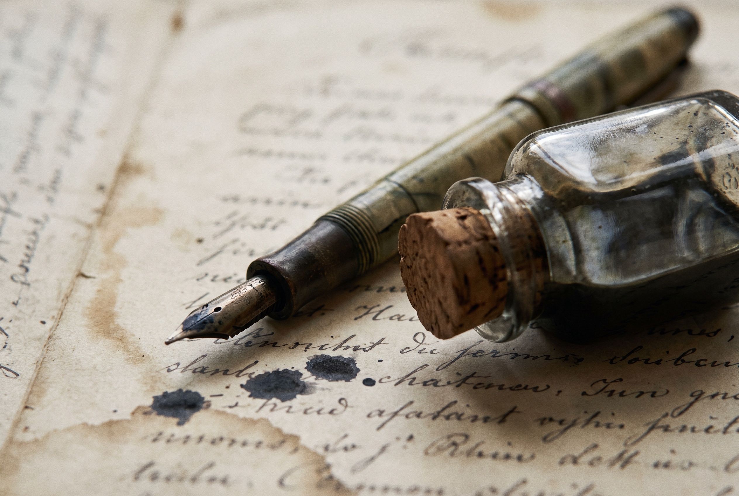 A fountain pen resting on aged handwritten paper beside a glass ink bottle, lit low and from the side