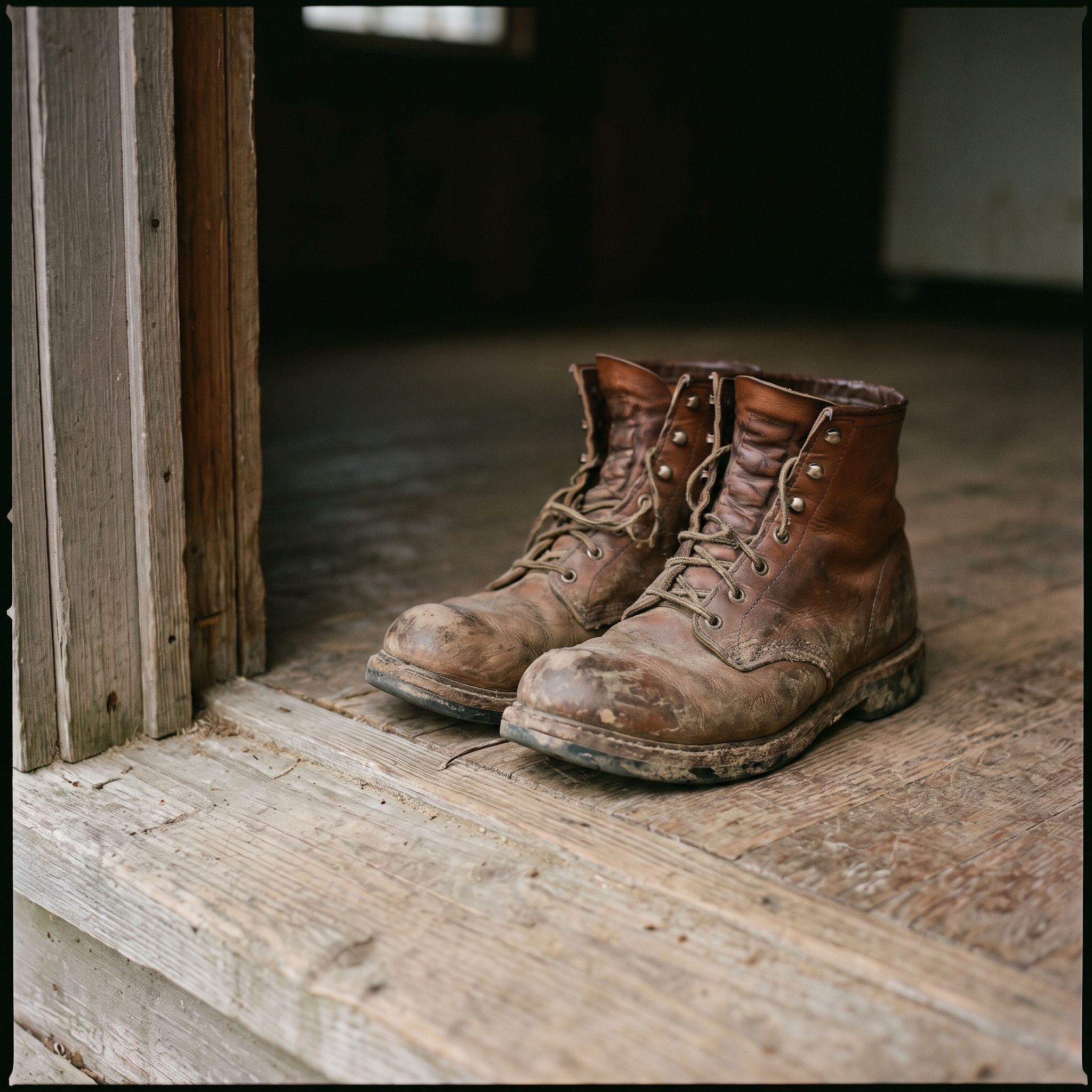 A well-worn pair of leather work boots beside a doorway on a scuffed floor in soft daylight