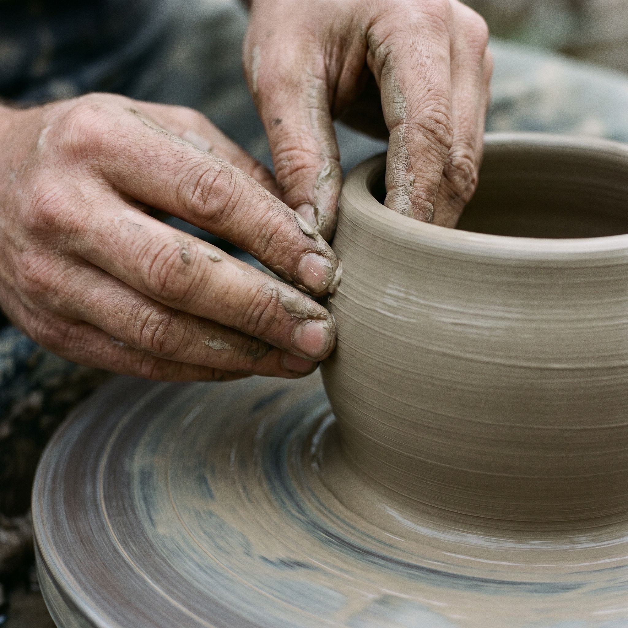 Close-up of wet clay taking shape between two hands on a spinning potter’s wheel