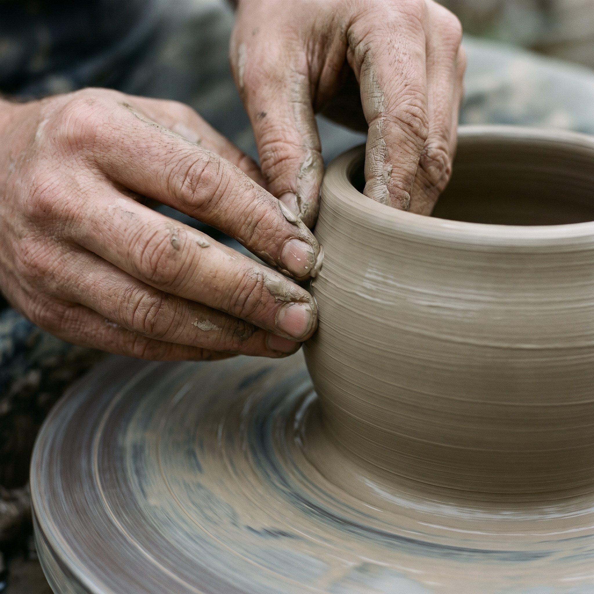 Close-up of wet clay taking shape between two hands on a spinning potter’s wheel